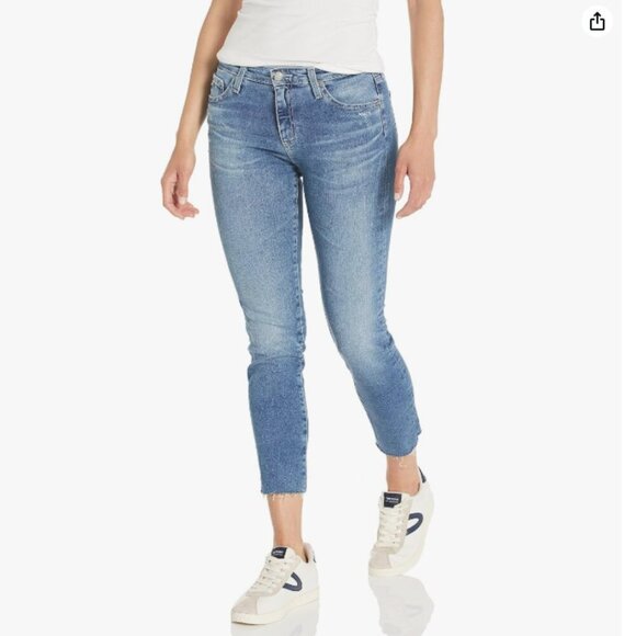 AG Prima Mid Rise Cigarette Crop Jean Womens 31 Blue Distressed Raw Hem Stretch - Picture 6 of 10